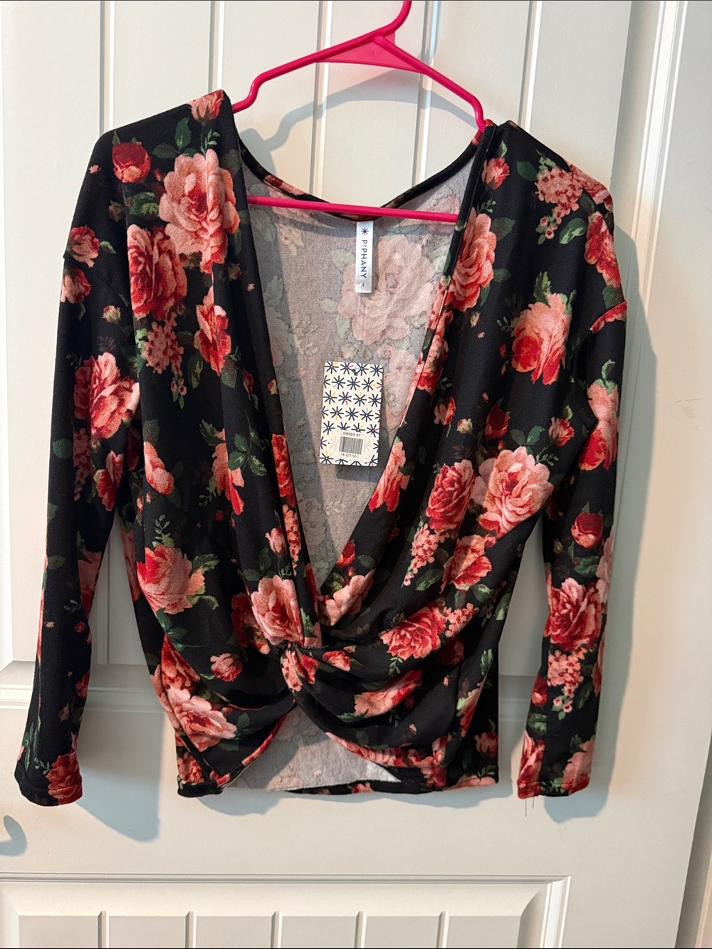 Piphany Soft Floral Twist-Front Draped Long Sleeve Top - Black with Rose Print